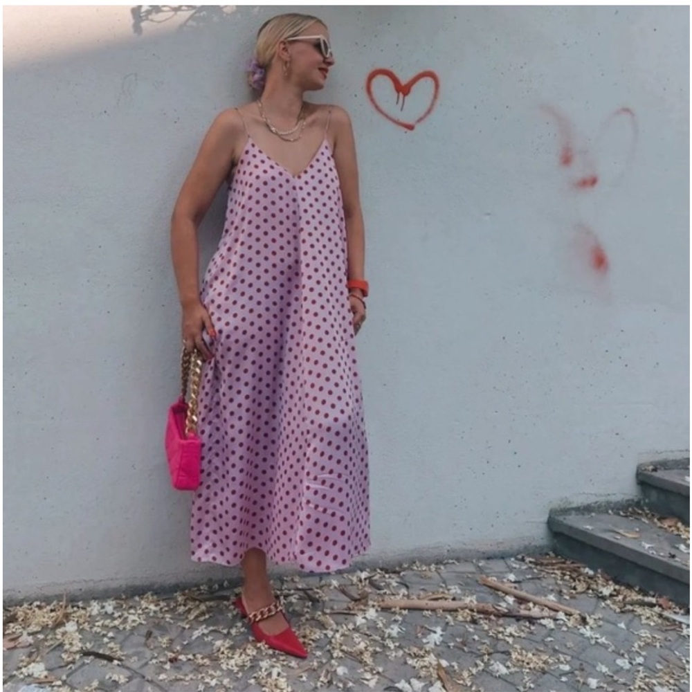ZARA MAUVE PINK SLEEVELESS LONG FLOWING DRESS A LINE POLKA DOT SIZE LARGE
